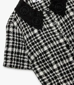 DAMES Koton Geruit Crop Blouse Korte Mouwen met Bebe Kraag