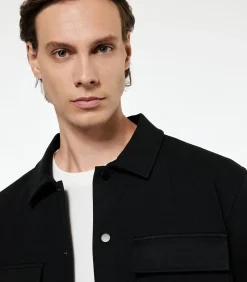 Heren Koton Grijs Heren Shacket Met Zakdetails Lange Mouwen