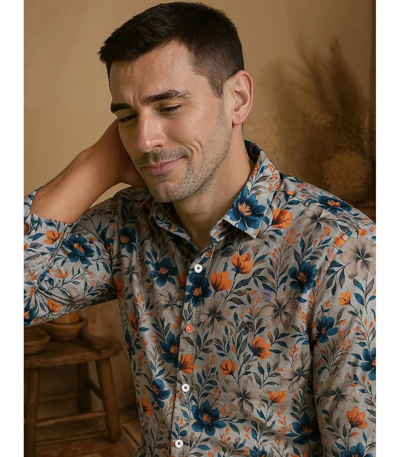 Sale Grijs herenoverhemd met bloemen Heren Hemden