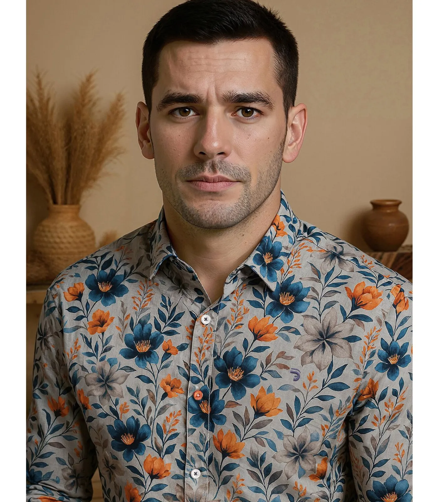 Sale Grijs herenoverhemd met bloemen Heren Hemden