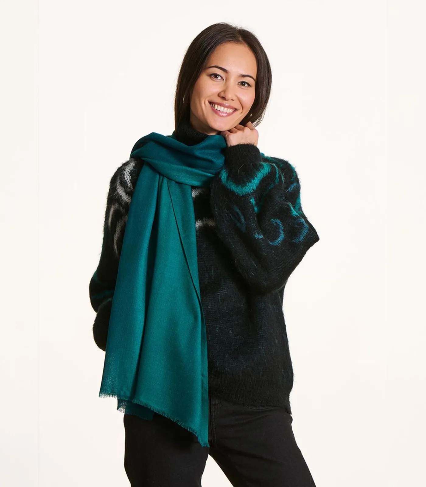 Online Groene sjaal van wol en zijde DAMES Sjaals