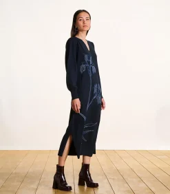 DAMES La Fée Maraboutée Halflange jurk in donkerblauw breisel met borduursel