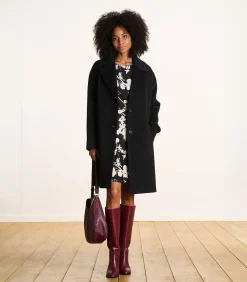 Outlet Halflange zwarte mantel met wollen borduurwerk DAMES Jassen