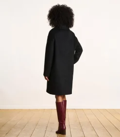 Outlet Halflange zwarte mantel met wollen borduurwerk DAMES Jassen