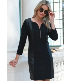 DAMES BLEU D'AZUR HELENA Chique winterjurk van twee materialen in zwart