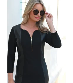 DAMES BLEU D'AZUR HELENA Chique winterjurk van twee materialen in zwart