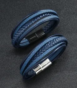 Discount Heren Armband Leder - Blauw met Zilver Kleurige Sluiting Heren Armbanden