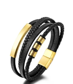 Heren Armband Leder - Zwart met Goud Kleurige Accenten Heren Armbanden