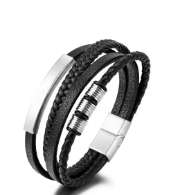 Heren TrendFox Heren Armband Leder - Zwart met Zilver Kleurige Accenten