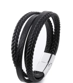 Online Heren Armband Leder met Dubbele Vlecht - Zwart met Zilver Kleurige Sluiting Heren Armbanden