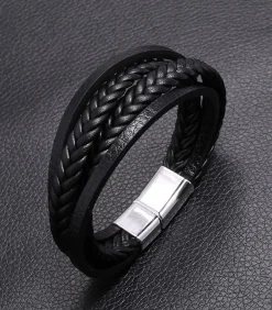Online Heren Armband Leder met Dubbele Vlecht - Zwart met Zilver Kleurige Sluiting Heren Armbanden
