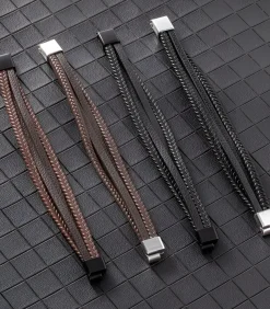 Online Heren Armband Leder met Dubbele Vlecht - Zwart met Zilver Kleurige Sluiting Heren Armbanden