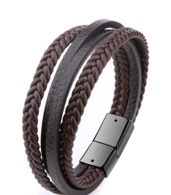 Online Heren Armband Leder met Dubbele Vlecht - Bruin met Zwarte Sluiting Heren Armbanden