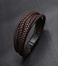 Online Heren Armband Leder met Dubbele Vlecht - Bruin met Zwarte Sluiting Heren Armbanden