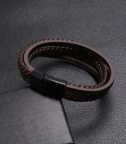 Online Heren Armband Leder met Dubbele Vlecht - Bruin met Zwarte Sluiting Heren Armbanden