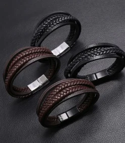 Online Heren Armband Leder met Dubbele Vlecht - Bruin met Zwarte Sluiting Heren Armbanden