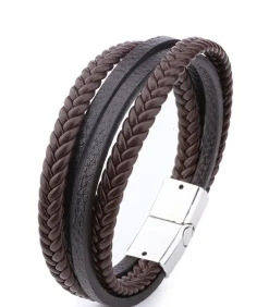 Heren TrendFox Heren Armband Leder met Dubbele Vlecht - Bruin met Zilver Kleurige Sluiting