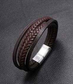 Heren TrendFox Heren Armband Leder met Dubbele Vlecht - Bruin met Zilver Kleurige Sluiting