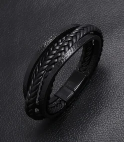 New Heren Armband Leder met Dubbele Vlecht - Zwart met Zwarte Sluiting Heren Armbanden