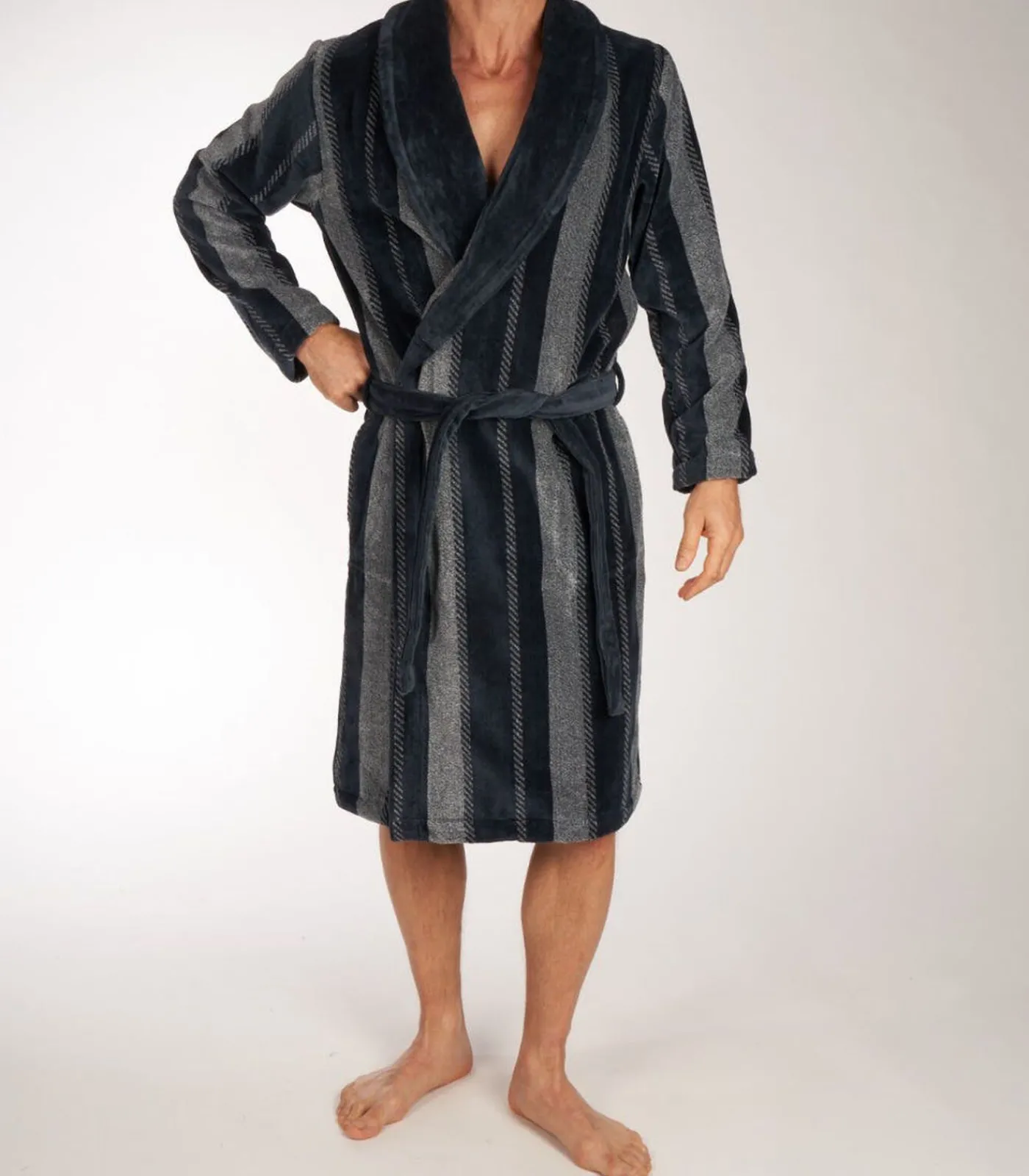 New Heren badjas Velours - 115CM - Stripe - Lange warme ochtendjas voor mannen Heren Badjassen