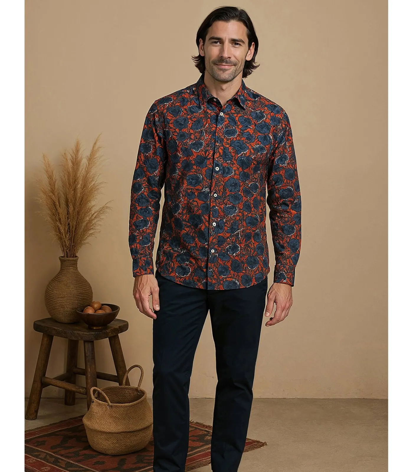 Online Herenblauw overhemd met bloemenpatroon Heren Hemden