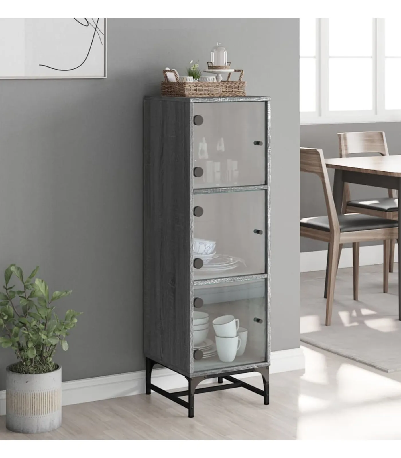 Clearance Hoge kast met glazen deuren 35x37x120 cm grijs sonoma eiken Meubels