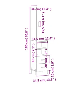 vidaXL Hoge kast 34,5x34x180 cm bewerkt hout grijs sonoma eikenkleurig