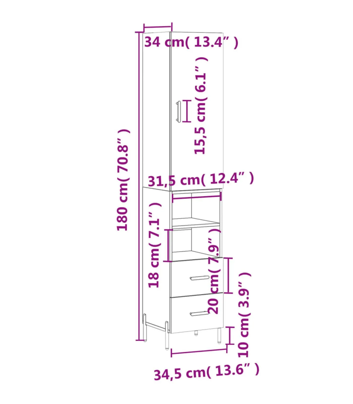 vidaXL Hoge kast 34,5x34x180 cm bewerkt hout grijs sonoma eikenkleurig