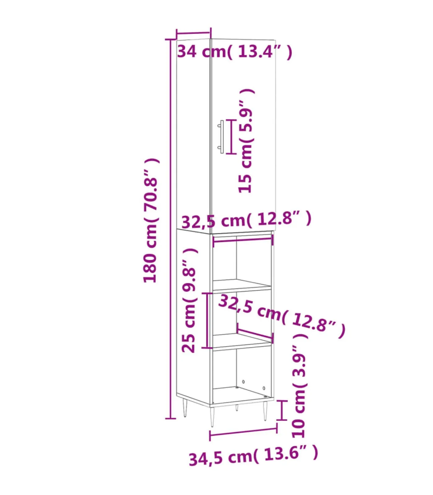 vidaXL Hoge kast 34,5x34x180 cm bewerkt hout gerookt eikenkleurig