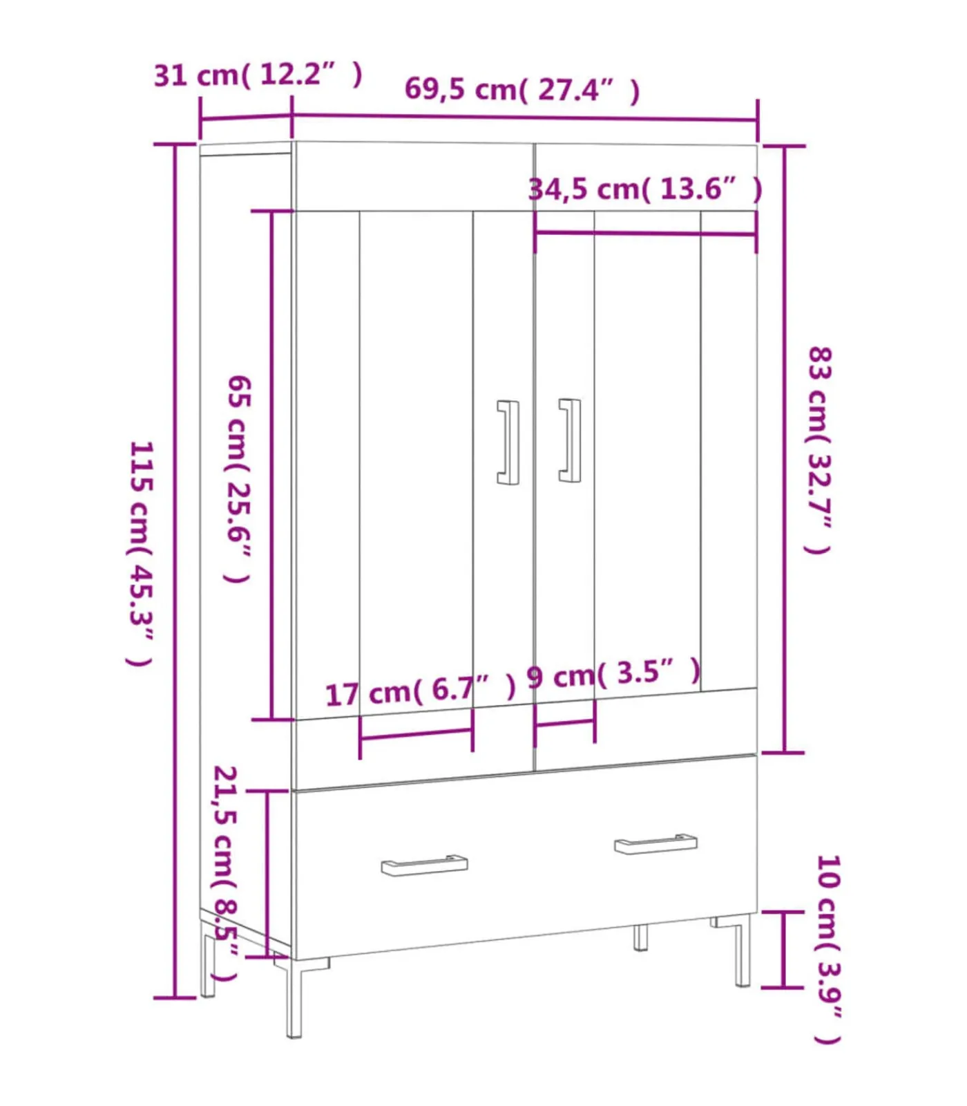 vidaXL Hoge kast 69,5x31x115 cm bewerkt hout gerookt eikenkleurig