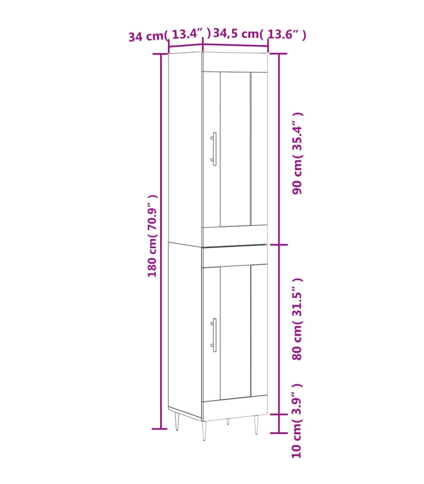 vidaXL Hoge kast 34,5x34x180 cm bewerkt hout grijs sonoma eikenkleurig