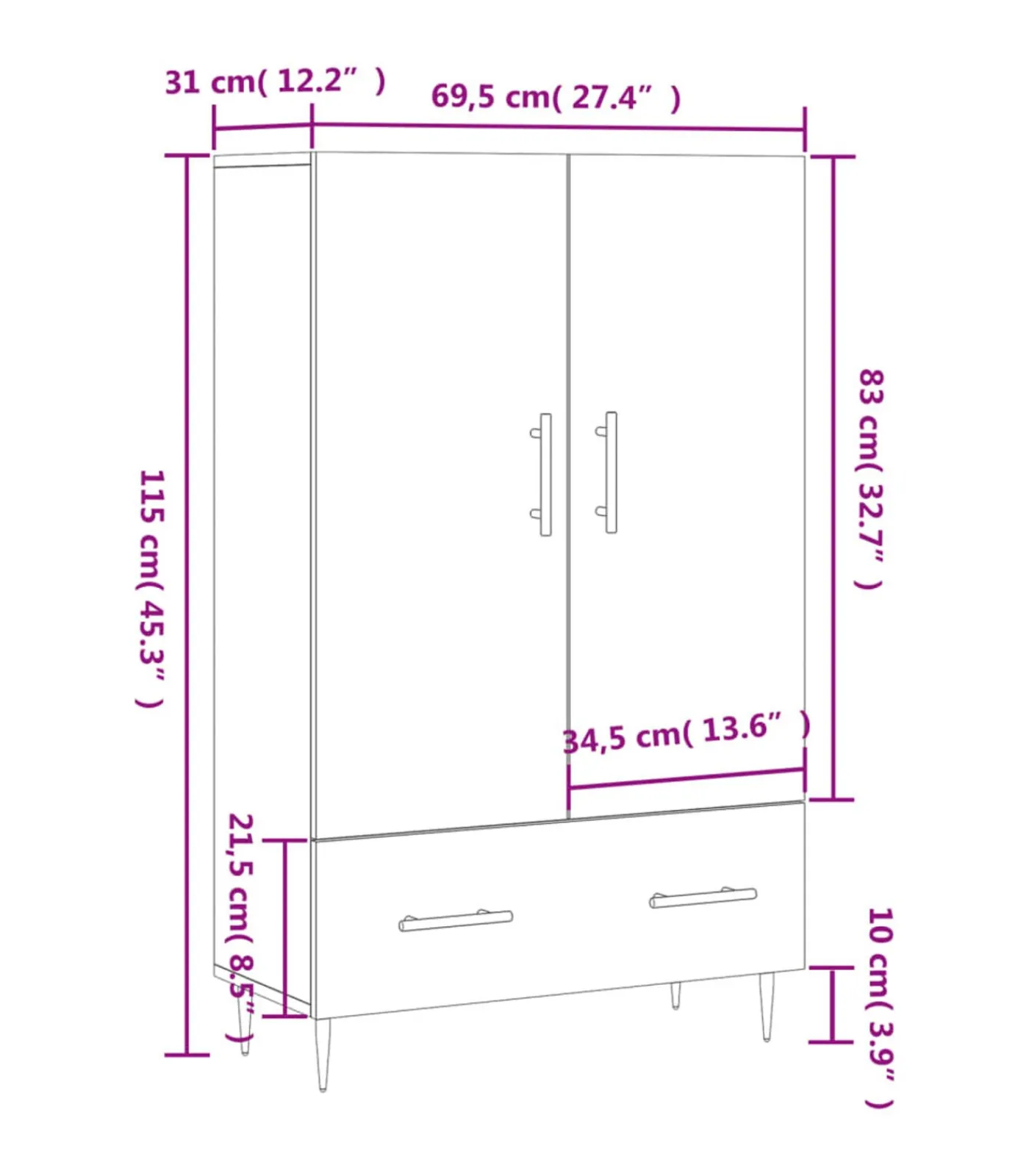 vidaXL Hoge kast 69,5x31x115 cm bewerkt hout gerookt eikenkleurig