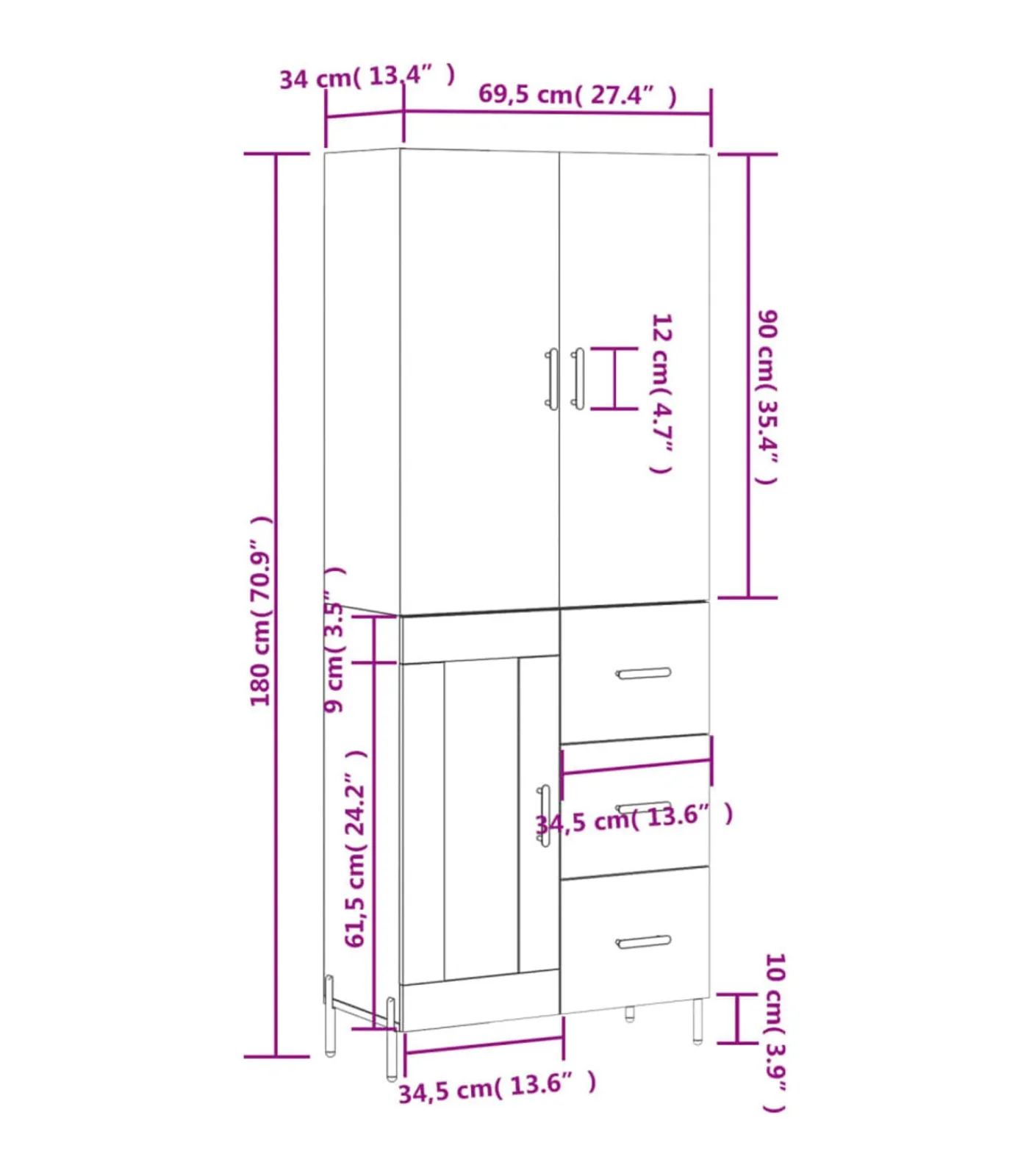 vidaXL Hoge kast 69,5x34x180 cm bewerkt hout grijs sonoma eikenkleurig