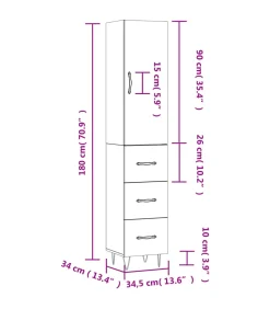 vidaXL Hoge kast 34,5x34x180 cm bewerkt hout grijs sonoma eikenkleurig