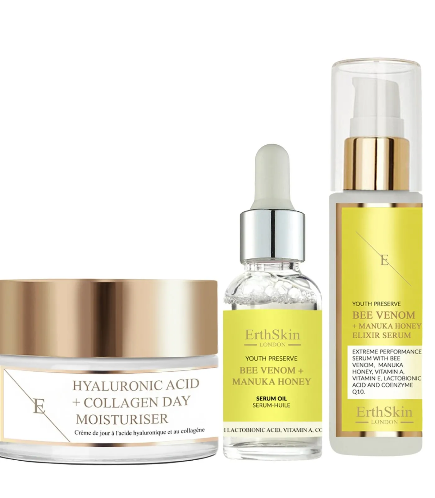 Erth Skin London Hyaluronzuur & Collageen Dagcrème + Elixir Serum + Serumolie
