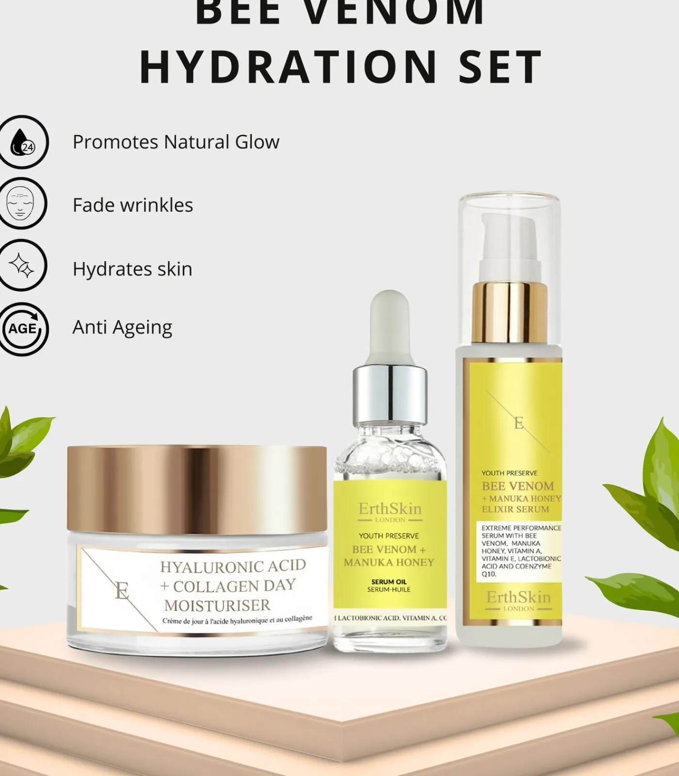 Erth Skin London Hyaluronzuur & Collageen Dagcrème + Elixir Serum + Serumolie