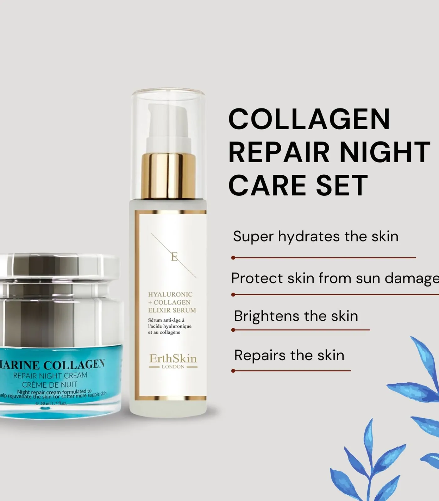 Erth Skin London Hydrozuur & Collageen Anti-Aging Serum - 60ml + Marine Collageen Nachtreparatie Crème 50ml