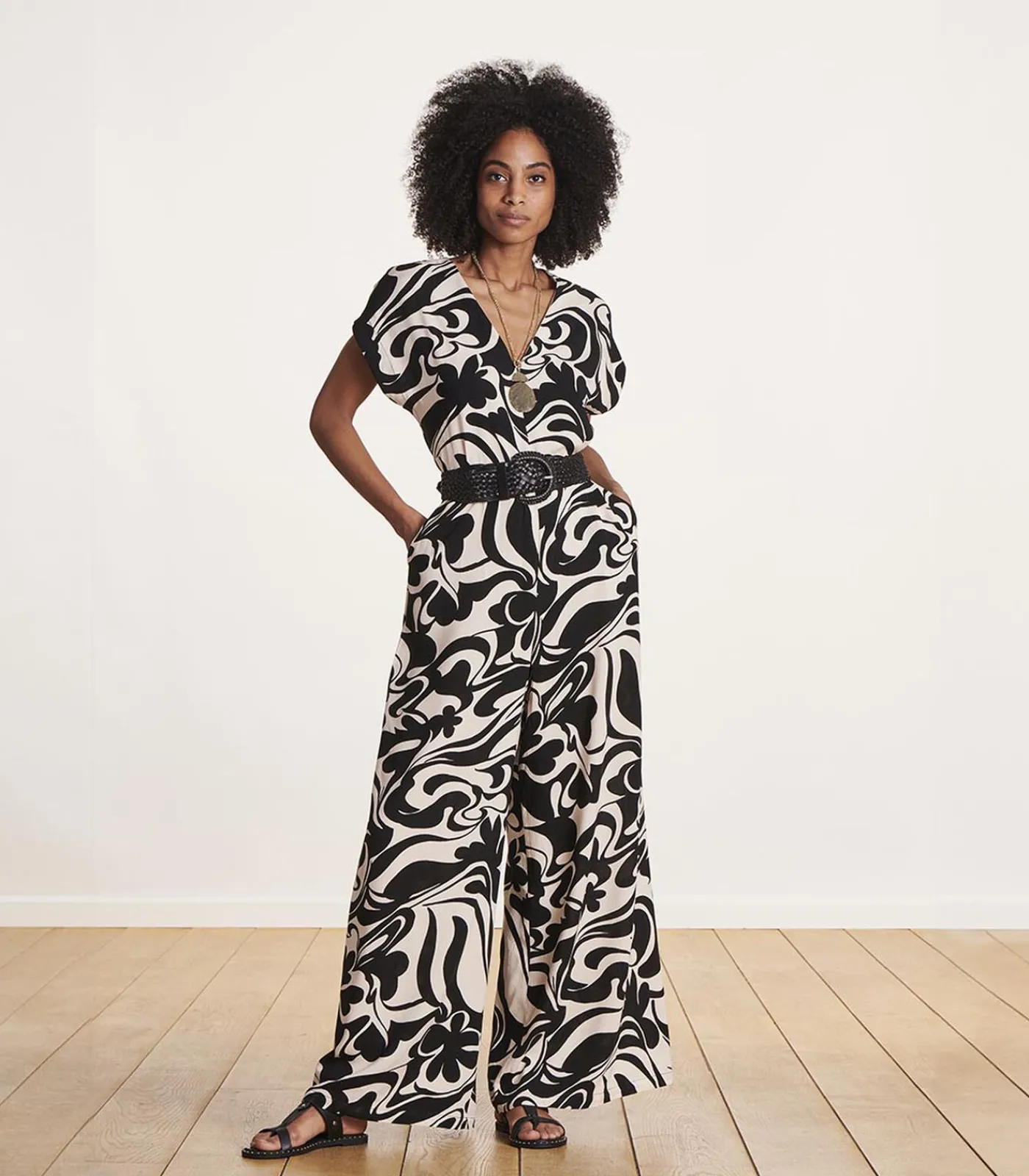 Online Jumpsuit met korte mouwen en zwart-wit print DAMES Jumpsuits