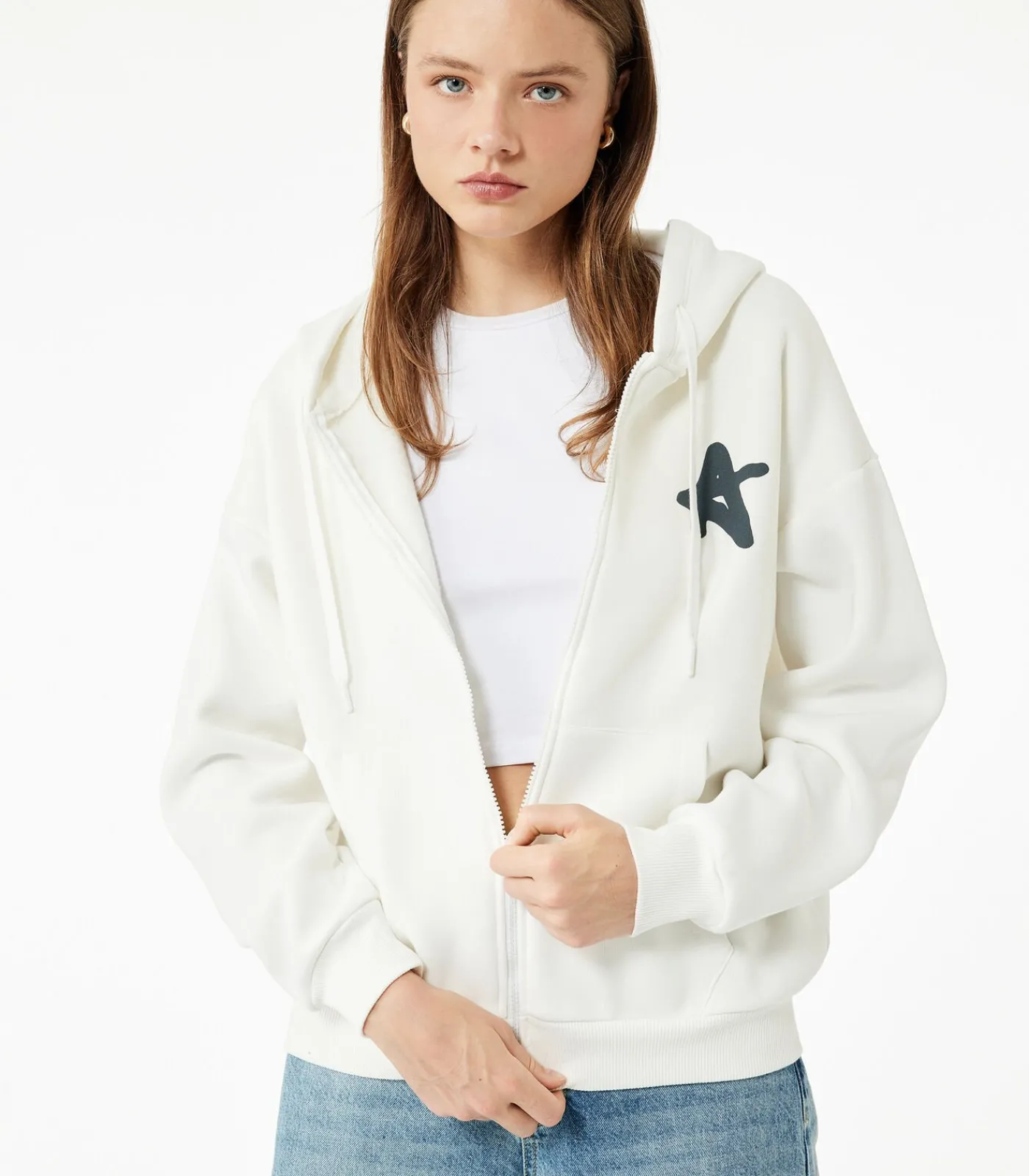 DAMES Koton Kapstok Ecru Sweatshirt met Rits en Capuchon Met Print