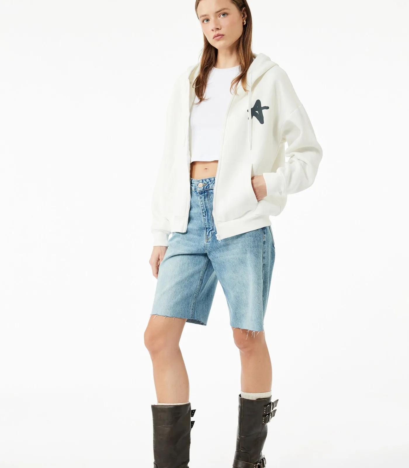 DAMES Koton Kapstok Ecru Sweatshirt met Rits en Capuchon Met Print