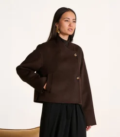 Korte bruine wollen jas met afneembare sjaal DAMES Jassen