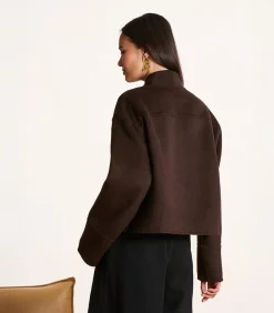 Korte bruine wollen jas met afneembare sjaal DAMES Jassen