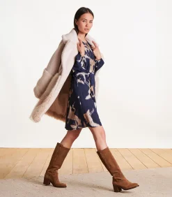 DAMES La Fée Maraboutée Korte getailleerde en gedrapeerde marineblauwe jurk met print