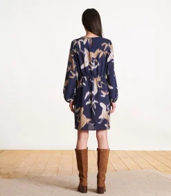 DAMES La Fée Maraboutée Korte getailleerde en gedrapeerde marineblauwe jurk met print