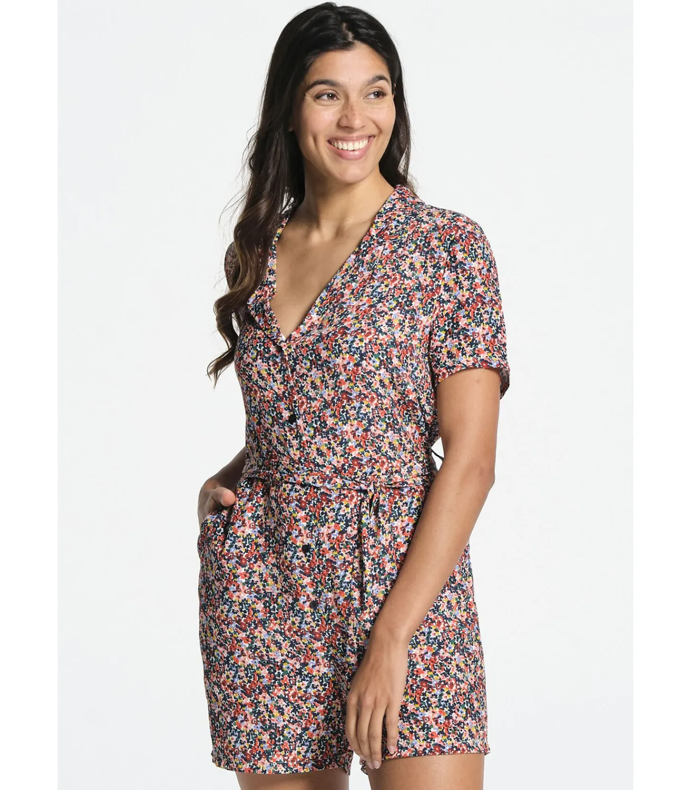 New Korte Jumpsuit met korte mouwen en sjaalkraag DAMES Jumpsuits