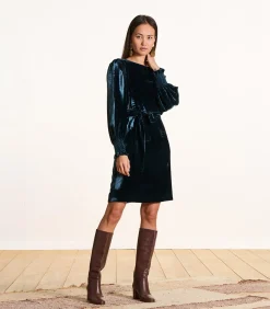 DAMES La Fée Maraboutée Korte jurk van petrolblauwe fluweel met lange mouwen