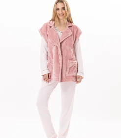 New Korte mouwen jasje met knopen van pluche flanel ESSENTIEL H76A DAMES Loungewear