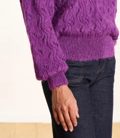 Hot Korte paarse trui in opengewerkte stof met ronde hals DAMES Truien & Cardigans