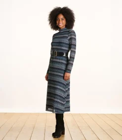 DAMES La Fée Maraboutée Lange jurk in petrolblauw met lange mouwen en haakwerk