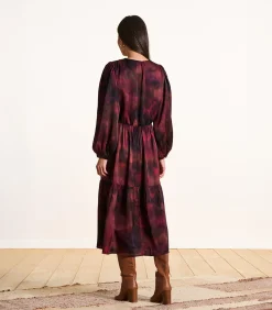 DAMES La Fée Maraboutée Lange rode satijnen jurk met print